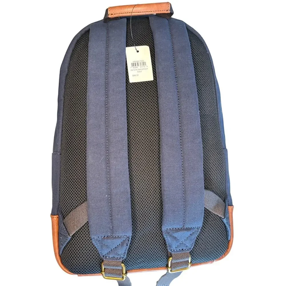 NWT Fossil Estate Navy Blue Canvas Brown Leather Classic Vintage Retro Backpack